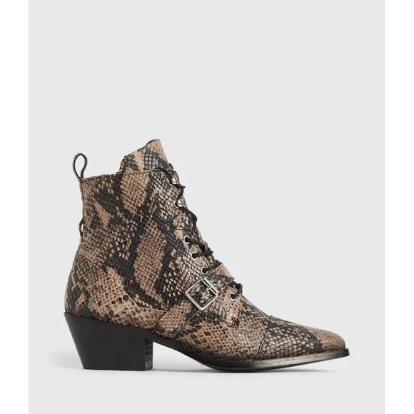 AllSaints Shoes - AllSaints Katy Snakeskin Leather Buckle Boots Brown Black Pointed Toe Size 40